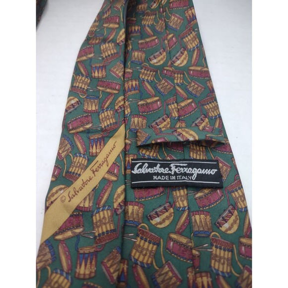VTG Salvatore Ferragamo Tie Drum Print 100% Silk Green Necktie - Picture 3 of 6